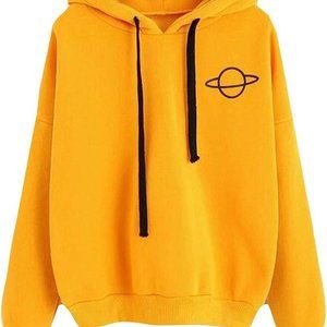 Women Loose Hoodies Casual Planet Printed Hoodie Pullover Yellow/Orange